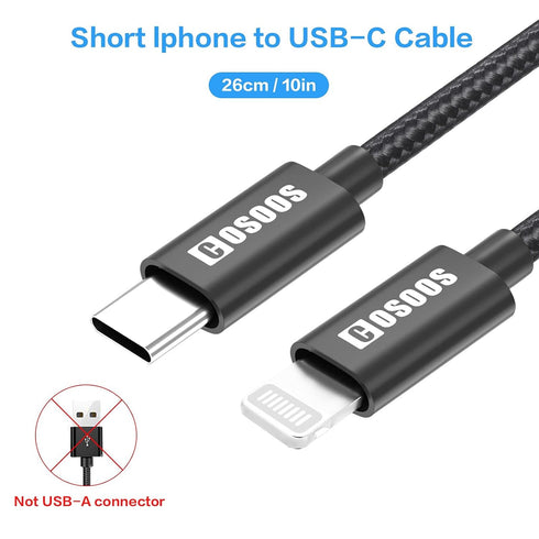 COSOOS 2 Short USB-C to iPhone Cables (10in/26cm) Nylon Braided Fast Charging Syncing Cable, Power Cord Compatible for iPhone 14 Pro Max,14 Plus,14, 13 Pro Max,12,11,XS,X, PD USB-C Charger Station