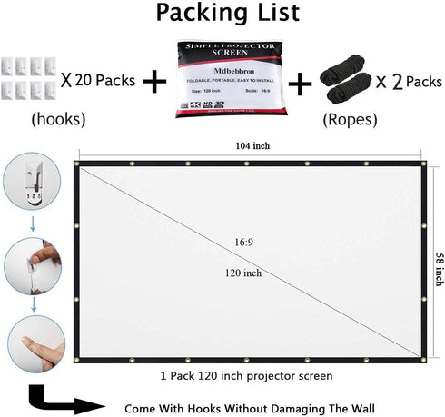 Mdbebbron 120 inch 16:9 Projector Screen Foldable Anti-Crease Portable Projector Movies Screens for Home Theater