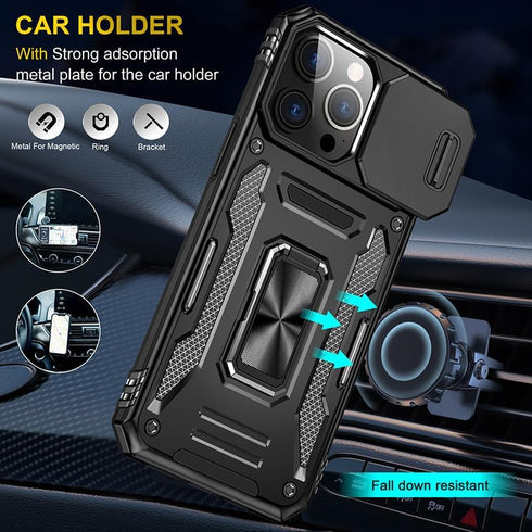 iPhone 15 Pro Kickstand Case with Slide Camera Cover & 360° Ring Stand, plus 2 Tempered Glass Screen Protectors, Black.