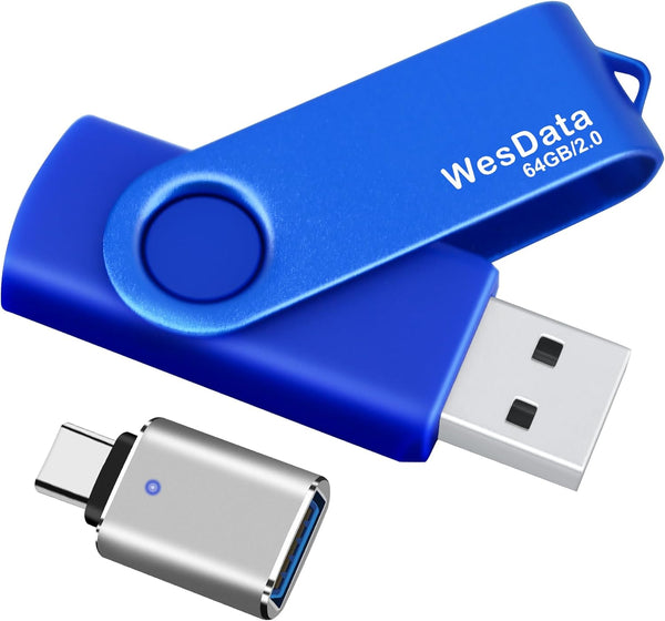 WesData 64GB USB 2.0 Flash Drive and 1 USB C Adapter, Thumb Drive