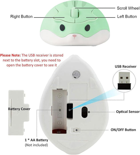 Hamster Shape Wireless Mouse - Cartoon Portable Animal Optical Cordless Mice for Travel, School Kids Gift (Green)