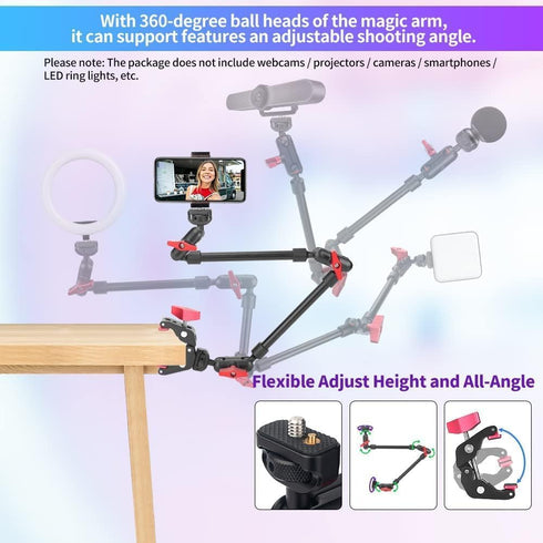 Super Camera Clamp Mount with Adjustable Magic Arm 22in, Articulating Arm with Dual Ball Head Adapter 1/4" Thread for
