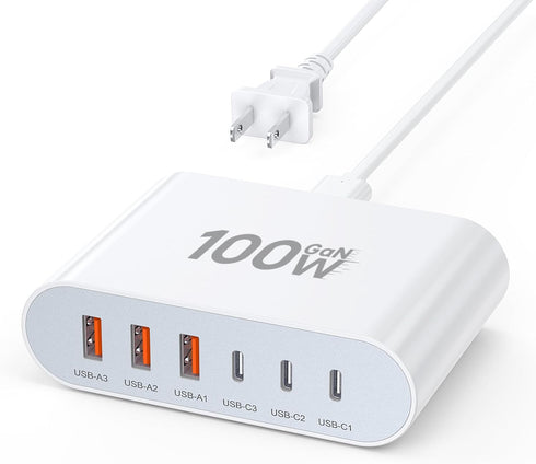 100W USB C Fast Charger Block, Compact GaN 6 Port PD USB C & QC USB A Wall Charger, Type C Charging Station Hub for