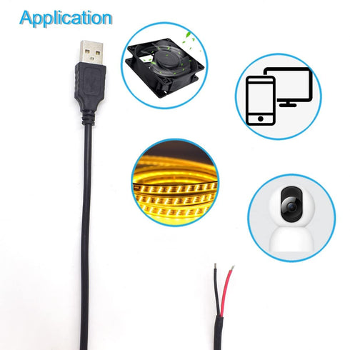 20AWG USB Pigtail Cable 2M/6.5FT, 2PCS USB 2.0 Male Plug, 5V 5A Black Wire with 2-Position Spring Connector.