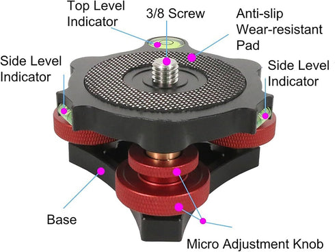 SQFOR +/-5 3 Camera Leveler, Tri-Wheel Leveling Base for Macro Photography with Degree Precision Adjustment, Aluminum