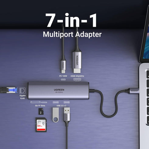 UGREEN Revodok 7 in 1 USB C Hub - Gigabit Ethernet Adapter with 4K@60Hz HDMI, 100W PD Charging, USB A Data Ports, SD/TF