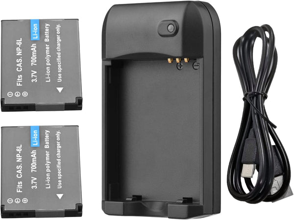 NP-6L Battery USB Charger Kit with LED Indicator Light, 2 Pack 3.7V 700mAh Batteries and USB Charging Cable
