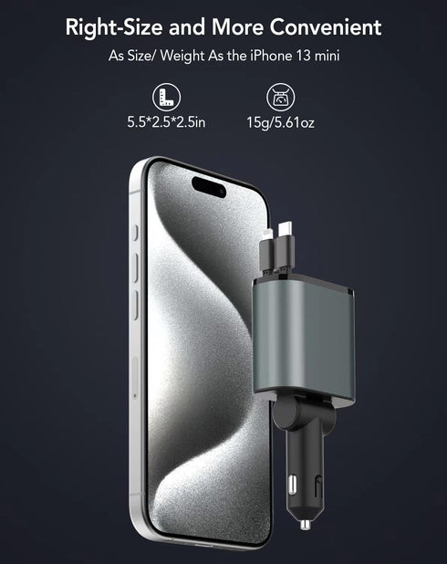 Retractable Car Charger, 4 in 1 Fast Phone Charger 66W with 2 Retractable Cables for iPhone 15/14/13/12/11