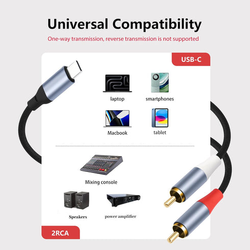 10FT USB-C to Dual RCA Cable - Digital to Analog Audio Cable with DAC Chip, Gold-Plated RCA Connectors, Dual-Shielded