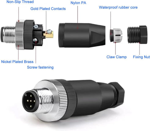 Eonvic M12 8 Pin Male Connector, 12mm A Code IP67 30V 2A Industrial Circular Sensor Right Angle 2pcs