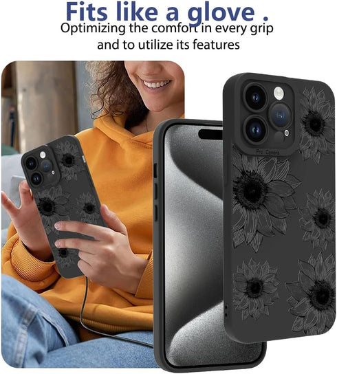 OOK Floral Case for iPhone 15 Pro Max, Cute Sunflower Design, Soft TPU Shockproof Cover for Women - Black Flower