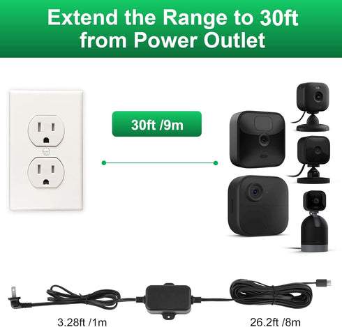 30ft Weather Resistant Power Adapter for Blink Mini 2, Blink Outdoor 4 (4th Gen)(3rd Gen)/Mini, Black