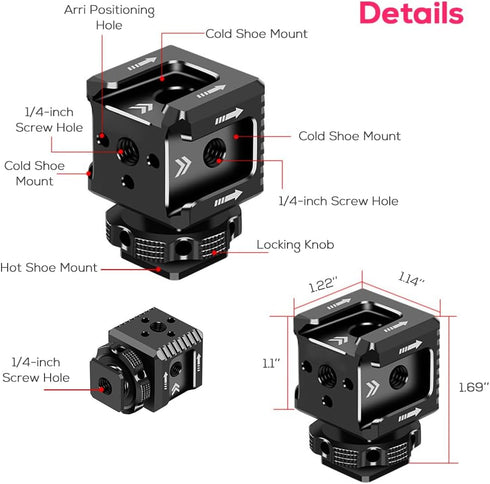 Triple Cold Shoe Mount Bracket, Camera Hot Shoe Mount Adapter with 1/4" Screw Holes for Flash Light Monitor