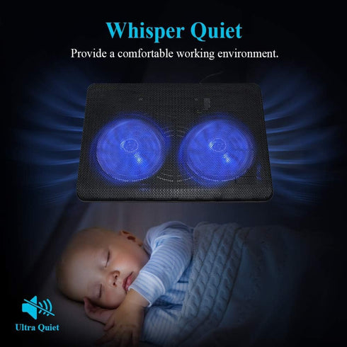 Laptop Cooling Pad with 2 Large Fans, Adjustable Stand, 2-in-1 USB Port, Blue LED Light, Compatible with 14-15 Inch