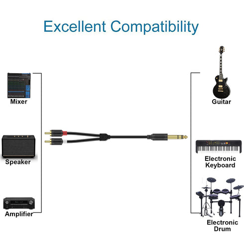 J&D 1/4" TRS to 2RCA Cable, Gold Plated 6.35mm Stereo Male to Dual RCA Male Y Adapter for AV Receiver, Amplifier,