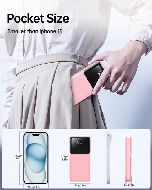 RONEGN 10000mah Pack 5 3 Portable Charger with Built in Cable - Power Bank Fast Charging USB C LED Display Battery