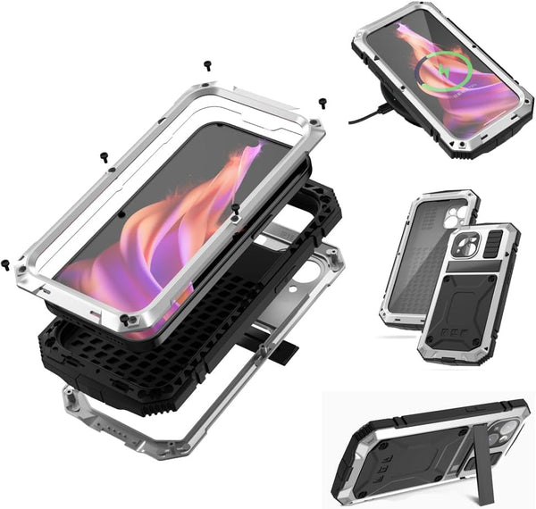 360 Full Body Heavy Duty Protection Case for iPhone 15 Plus, Rugged Aluminum Stan with Built-in Screen Protector, Silver