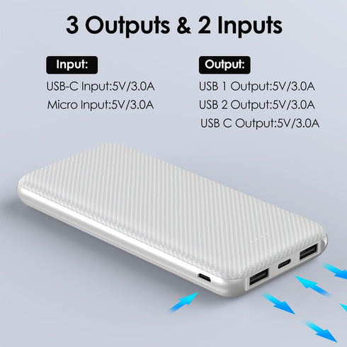 POTENIGO 10000mAh Slimmer Pack 5V/3A Power Bank Portable Charger, Battery with USB C Input & Output, Travel Essentials