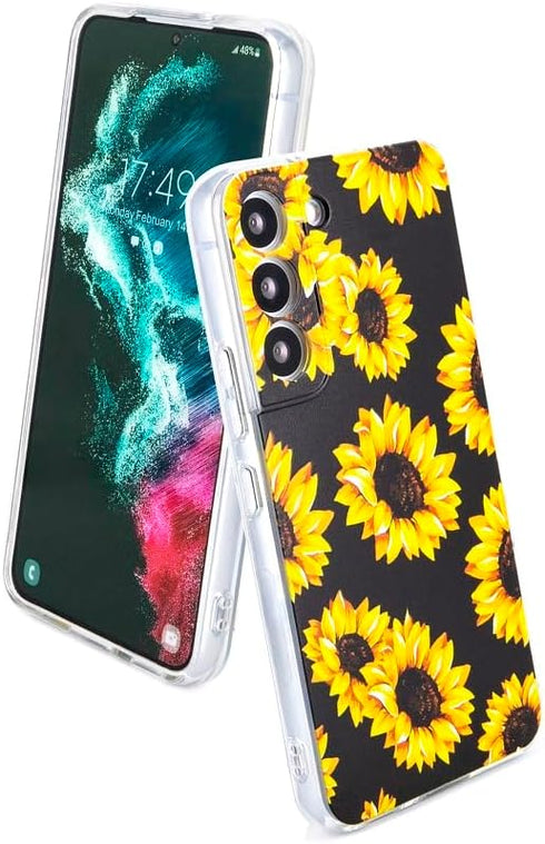 Galaxy S22 Case, Black Sunflower Pattern Cute Floral Soft TPU Back Cover for Samsung Galaxy S22 6.1 Inch
