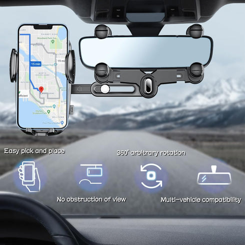 Rear View Mirror Phone Holder, 360° Rotatable + Retractable Universal Multifunctional Phone Mount for All Cars