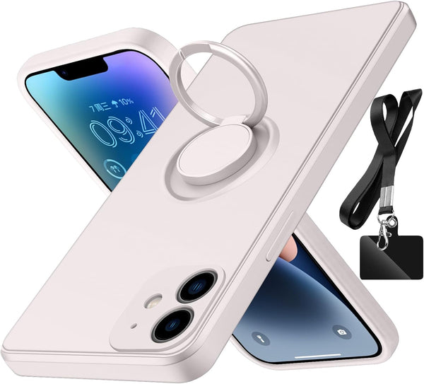 iPhone 11 Case, with 360° Rotatable Ring Holder Kickstand & Strap Lanyard, Premium Liquid Silicone, White