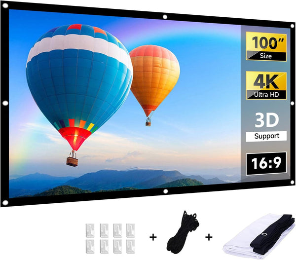 Projector Screen 100 Inch, 4K Movie Projector Screen 16:9 HD Foldable and Portable for Home, Party, Office