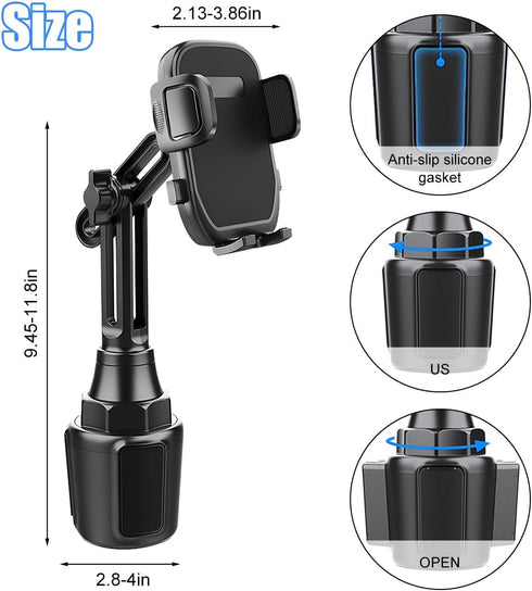 Sandfren 360 Car Cup Phone Holder, Rotation Carbon Fiber Vehicle Cup Cellphone Holder with Long & Adjustable Neck, Auto