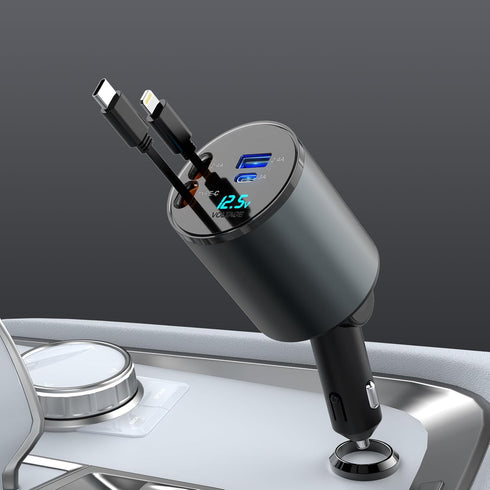 Multi Retractable Car Charger, 4 in 1 Fast Charger 100W with 2.6FT Cables for iPhone & Samsung Galaxy Devices