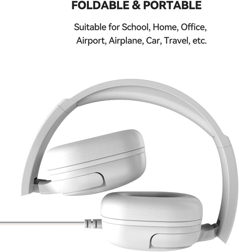 Kids Headphones for School, 3.5mm Jack Wired Headphones with Safe Volume Limiter, HD Stereo Sound On-Ear (White)