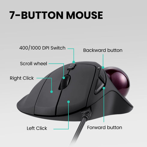 Perixx Perimice-517 Wired Trackball USB Mouse, 7 Button Design, Built-in 1.34 Inch Trackball