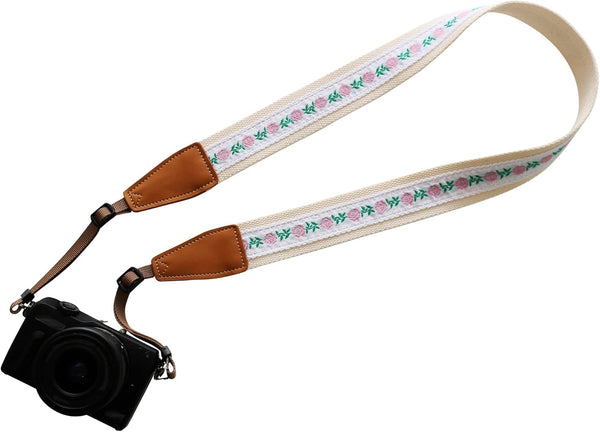 Original Design Personalized Adjustable Camera Strap, Embroidery Small Flowers on White, Fit for Canon Nikon Sony