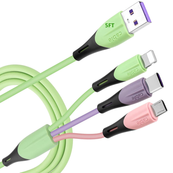 Multi Charging Cable 2-Pack 5FT, 3 in 1 5A Multiple USB Fast Charger Cord Adapter with IP/USB C/Micro USB Connectors