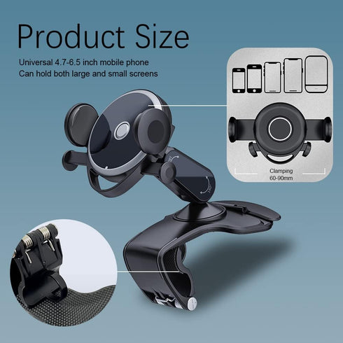 ASUBHA Car Phone Mount, 360 Degree Rotation Dashboard Clip Stand, Suitable for 4.7 to 6.5 Inch Smartphones (Black)