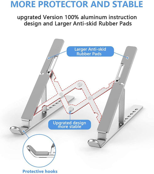 Adjustable Aluminum Laptop Stand, Foldable Portable Holder with Anti-Slip Silicone Pad for 10-15.6 Tablets