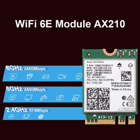 WiFi 6E AX210 NGW Wireless Card M.2 2230/NGFF with Bluetooth 5.3, 5400Mbps Tri-Band AX210 WiFi Chip Adapter