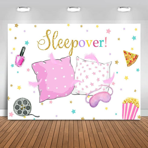 Mocsicka Sleepover Party Backdrop for Pink Girl Pajamas Pillow Fight Decorations, Slumber Party Banner (5x3ft)