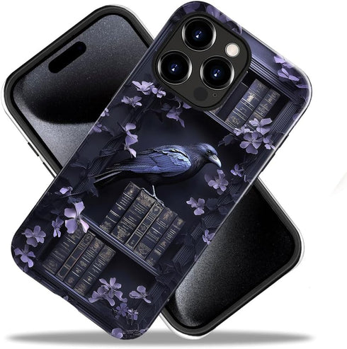 DAIZAG 14 Case Compatible with iPhone Pro Max,Glossy Durable Shock Protection Cover for Girl Women,Raven Bookshelf Dark