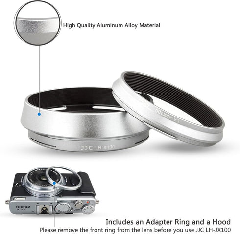 JJC LH-X100 Lens Hood Sun Shade with 49mm Filter Adapter Ring for Fuji Fujifilm X100VI X100V X100F X100T X100S X100 Digital Camera, Metal Material and Silver Color