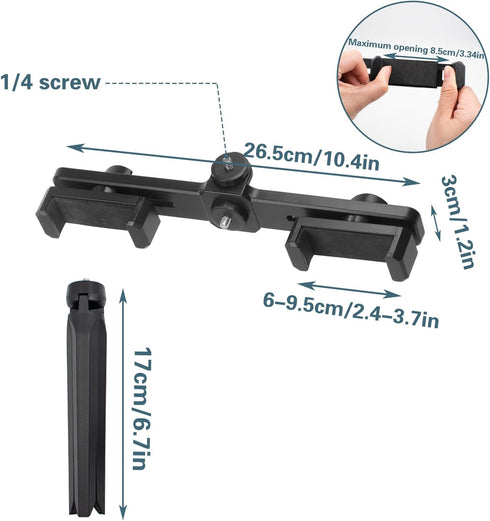 SnowTing Dual Phone Holder with Desk Tripod, Black Adjustable Universal Smartphone Stand for Video Recording Vlog Live