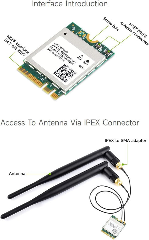 Waveshare AW-CB375NF Dual-Band Wireless NIC, 2.4G/5GHz WiFi 5, NGFF(M.2 A/E Key) Interface, RTL8822CE-CG Core, Support