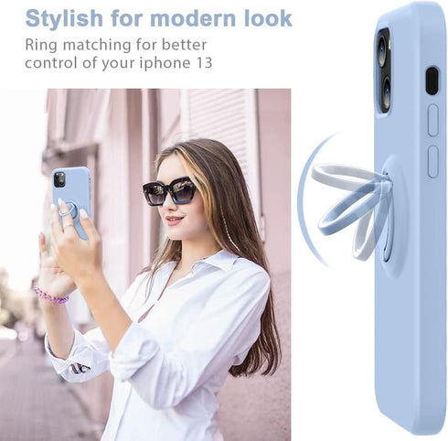 MOCCA iPhone 13 Case 6.1 inch with Ring Kickstand, Liquid Silicone, Microfiber Liner, Anti-Scratch Shockproof Case for