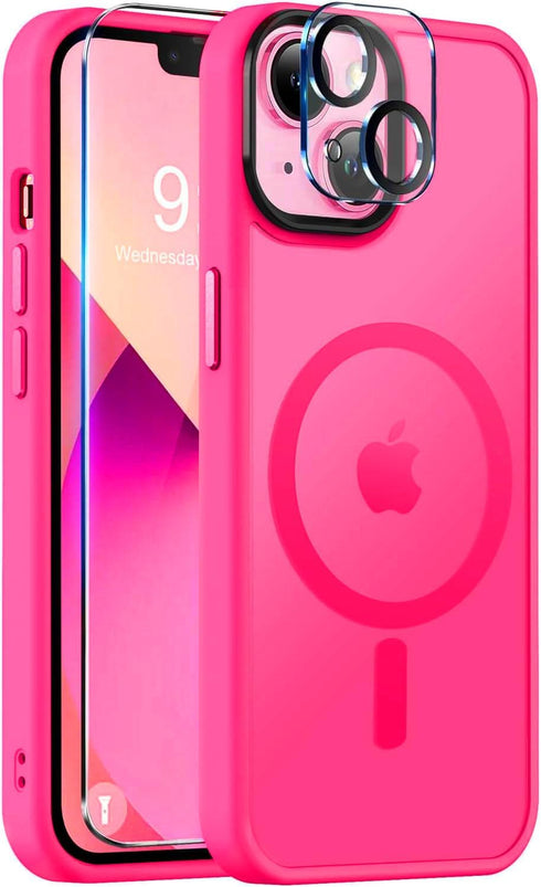 BossKiss Slim Translucent Matte iPhone 13 Case - Hot Pink, Anti-Fingerprint, Shockproof, with Screen+Camera Protector,