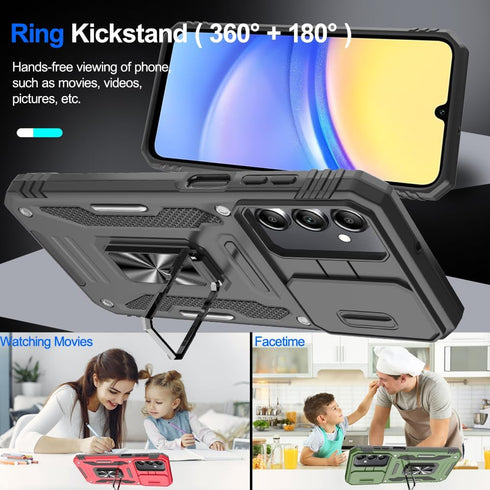Samsung Galaxy A15 5G Case with Sliding Camera Cover & Tempered Glass Screen Protector, Rotatable Ring Holder Kickstand