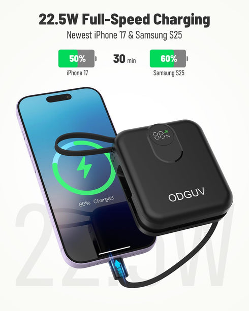 ODGUV Cables,22.5W Pack 10000mAh,Travel Small Portable Charger with Built-in Fast Charging Power Bank,USB-C Mini