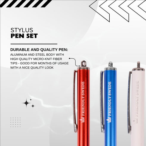 The Friendly Swede Set of 3 Fiber Tip Stylus Pens for Touch Screens, Stylus Pen for iPad, Retail Packaging, Includes 6