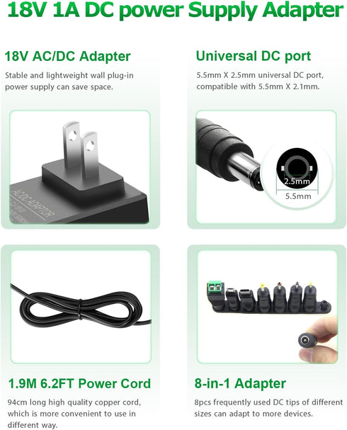 18V 1A 18W DC Power Supply Adapter AC/DC Charger AC 100V-240V to DC 18 Volt 1000mA 500mA 100mA Replacement Power Cord for Camera,Desk Lamp,BT Speaker,Router,TV box USB Type C with 8TIPS 6.56FT