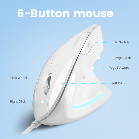 Perixx PERIMICE-513W Wired USB Mouse - Vertical Right-Handed Design - 6 Buttons, 1000/1600 DPI - White
