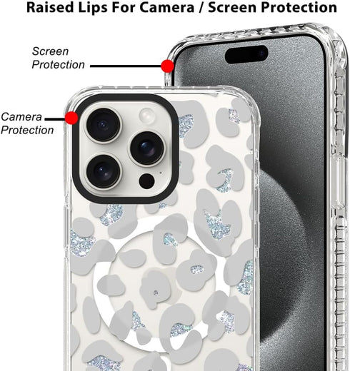 SAKUULO Magnetic iPhone 15 Pro Max Case, Clear Gray Leopard Print, Compatible with MagSafe