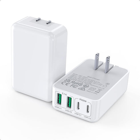 2Pack Flat USB C Wall Charger, 40W 4Ports Fast Charging Block, Multiport Power Adapter Plug Compatible with iPhone