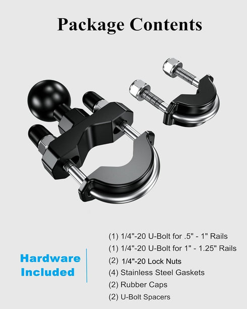 BRCOVAN Handlebar U-Bolt Mount Base with 1'' TPU Ball for Rails 0.5'' to 1.25'', Compatible with RAM Mounts B Size 1